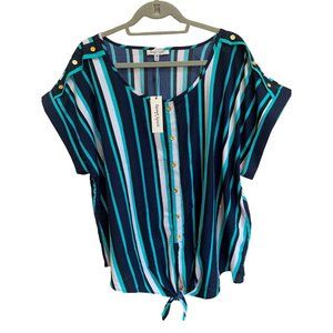 NWT Speed Limit Aqua Navy Blue White Striped Tie Front Pullover Blouse Sz 3X